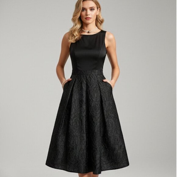 Boat Neck Party Dress With Rose Jacquard Texture Black - Picture 5 of 6